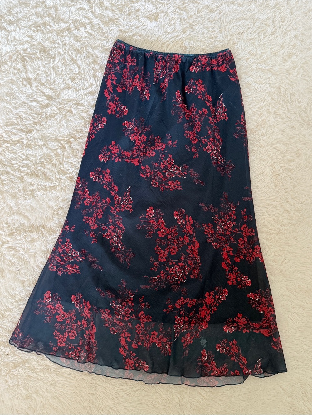 Women's Navy Blue Floral Midi Skirt with Red Blossom Print